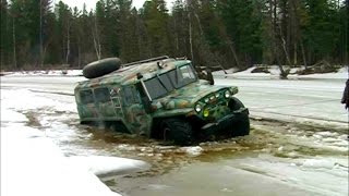 ВЕЗДЕХОД ШЕСТИКОЛЕСНЫЙ НА ЗИМНЮЮ РЫБАЛКУ, начало паводка