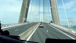 Crossing over Bridge of Normandy in Le Havre (France)