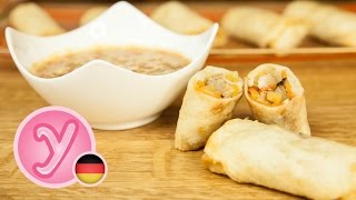 FRÜHLINGSROLLEN / SPRING ROLLS mit selbstgemachtem Teig & süßsauerer Soße, vegetarisch/vegan möglich