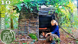 Возвращение в хижину ???? Делаю крышу Ночевка Много грибов ⯇10⯈ Хижина из веток
