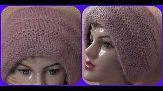 Мохеровая шапочка с рельефными полосками. видео урок.
