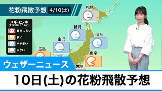 明日4月10日(土)の花粉飛散予想 関東や東海、近畿では多く飛散のおそれ