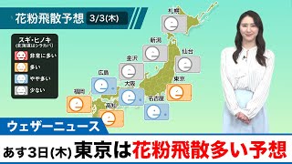 あす3日(木)の花粉飛散予想 東京で”多い”など関東以西は”多い”〜”やや多い”予想
