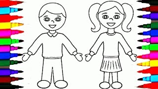 School Girl and Boy Coloring Pages l Kids Drawing Coloring Videos For Kids To Learn Colors