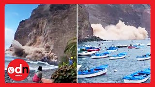 Terrifying Moment Cliff Collapses On To Canary Island Beach