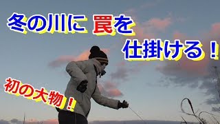 冬の川に罠を仕掛ける