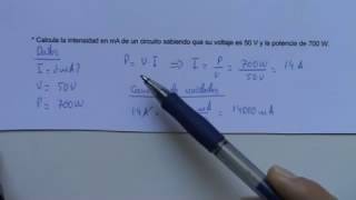Cálculo de la intensidad en mA en la fórmula de potencia