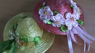DIY/МК/ Как сделать соломенные шляпки на заколочках с цветами  канзаши для наших принцесс