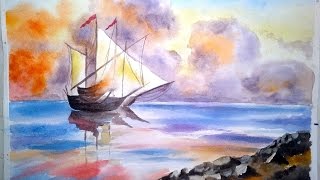 Акварель для начинающих, живопись с нуля, закат