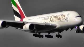 Emirates Airbus A380-861 A6-EDW arrives Manchester Int. from Dubai UAE 18th March 2013
