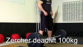 Zercher lift (130kg) and Zercher deadlift (100kg)