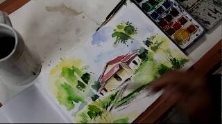 Painting Landscape in watercolors by artist Sikander Singh Chandigarh (INDIA)