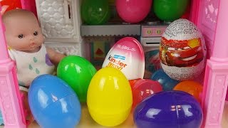 Baby doll house Surprise eggs and Kinder Joy toys play