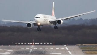 Crosswind LANDINGS during a STORM at Düsseldorf B777, 767, 757 A330 Sturm Andrea, (watch in HD)
