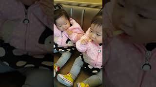 [쌍둥이육아] 연서연지 롯데리아 감자튀김 먹방
#일란성 #쌍둥이 #롯데리아 #twins #baby  #lotteria #french fries #eating #mukbang