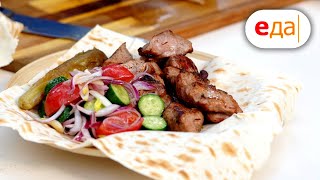 Шашлык из свиной шеи с соусом ткемали и овощами «На гриле»