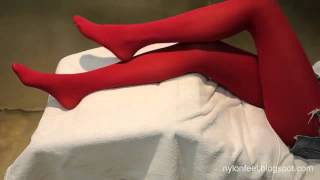 Nylon Feel   Cut off Jean Shorts with Red Opaque Pantyhose   YouTube
