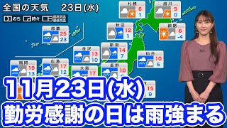 勤労感謝の日　広く雨の祝日　西、東日本は強まる風雨に注意
