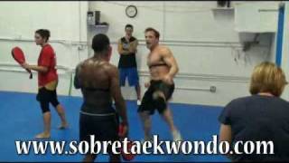 Taekwondo Olympic training with Juan Moreno - kicking target.