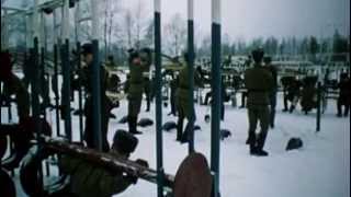 Soviet soldiers weight training in the snow
