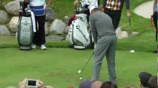 Lee Westwood, Peter Hanson and Alexander Norén tee shots on the famous par 3 17th.