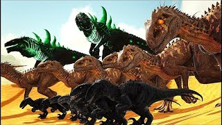 6 Desert Godzillas Vs 10 Indoraptors + 10 Indominus Rex! Ark Survival Evolved