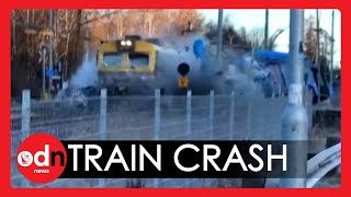 Shocking Video as Train SLAMS Into Bus on Railway Tracks In Sweden