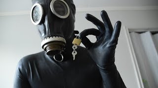 Time locked in full latex catsuit + gas mask + collar