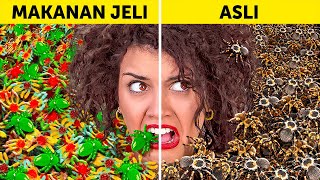 TANTANGAN MAKANAN JELI VS ASLI! Yang BERHENTI Makan Terakhir Menang! Tes Rasa oleh 123 GO Like!