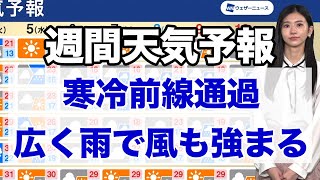 週間天気予報 寒冷前線通過 広く雨で風も強まる