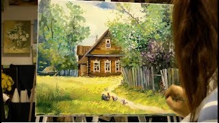 Картина маслом поэтапно "Деревенский пейзаж".Rural landscape.Picture