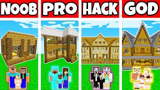 Minecraft: FAMILY WOODEN HOUSE BUILD CHALLENGE - NOOB vs PRO vs HACKER vs GOD in Minecraft