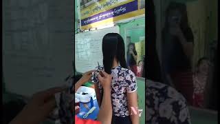 Young girl long hair haircut and enjoying short hair