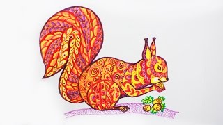 Уроки рисования. Как нарисовать белочку в стиле дудлинг Doodling | Zentangle | Art School