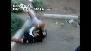 Woman beats man so hard