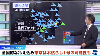 明日朝は全国的に冷え込む。東京は木枯らし1号の可能性も