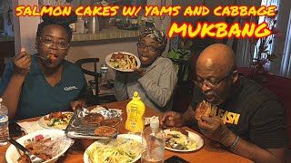 SALMON CAKES w/ Cabbage and Yams MUKBANG | Catching up, new R Kelly mess, Mukbang drama, etc.