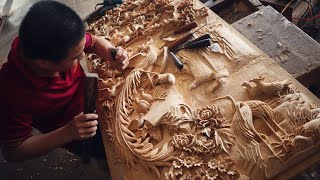 Đục bức tranh Bách Điểu Gỗ Pơmu - How Asian makes a Magnificent Wood Carving - Nghệ nhân Âu Lạc 14