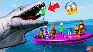 Freddy & Baldi & Sonic VS Giant Evil Mosasaurus Jurassic World! (GTA 5 Mods FNAF)
