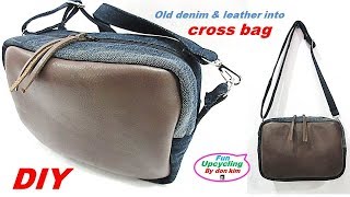 DIY 청바지 가줒배색 4각 크로스백 만들기 old denim & leather into cross bag