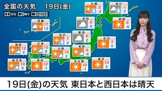 2月19日(金)の天気　東日本と西日本は晴天　北日本の日本海側は雪が続く