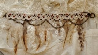 DIY bohemian vintage feather, bead and lace bracelet/anklet