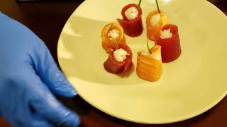 How a Sushi Chef makes fusion sushi. Plating, sauce and garnishing.