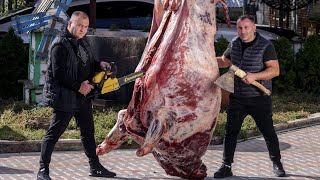 BUFFALO MEAT on CHARCOAL GRILL. COOKING 500 kilo BUFFALO. ENG SUB