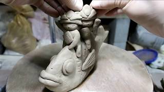 [陶芸]粘土で鯛に乗った猫の作り方。　How to make Ceramics Sculpture Cat in a Red snapper.