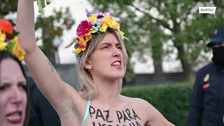 Spain: Femen activists rally outside Russian embassy in Madrid in support of Ukraine *EXPLICIT *