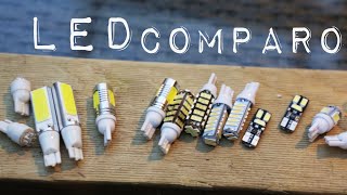 Car LED globe comparison. w5w, t10, cob, smd, cree