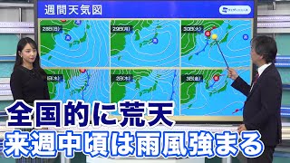 全国的に荒天 来週中頃は雨風の強まりに注意