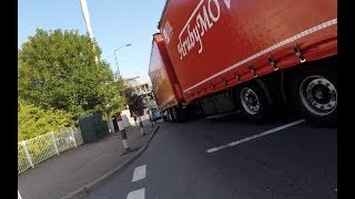 5AN1337 CZ - HGV with B-Train almost takes out cyclist