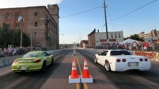 Corvette vs Cayman R Porsche - Street Racing Downtown!